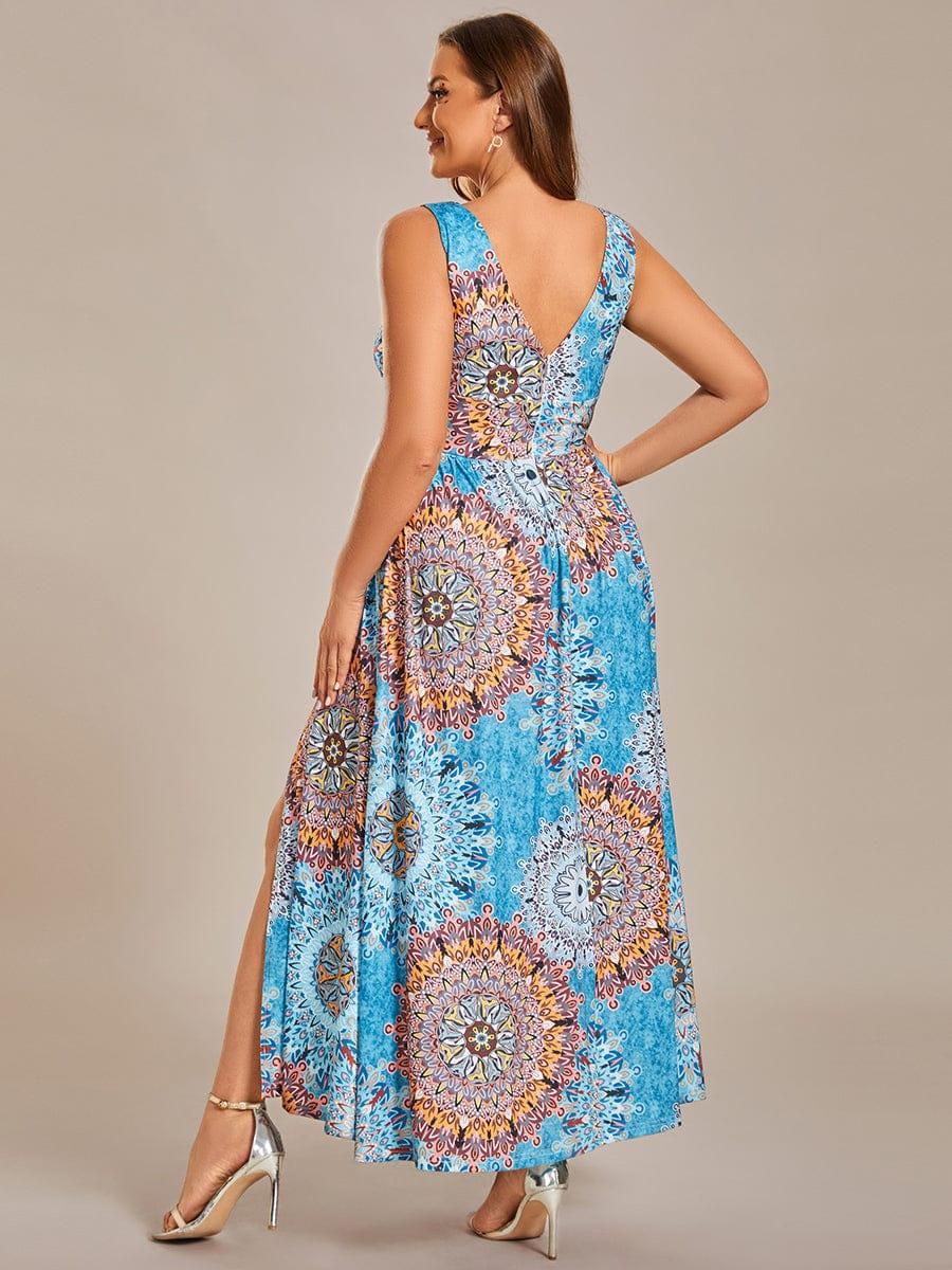 Robe de soirée mi-longue d'été à fleurs sans manches à fente haute #Couleur_Vert Marine Robe de soirée mi-longue d'été à fleurs sans manches à fente haute