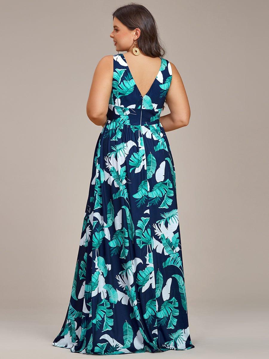 Robe de soirée mi-longue d'été à fleurs sans manches à fente haute #Couleur_Vert Marine Robe de soirée mi-longue d'été à fleurs sans manches à fente haute