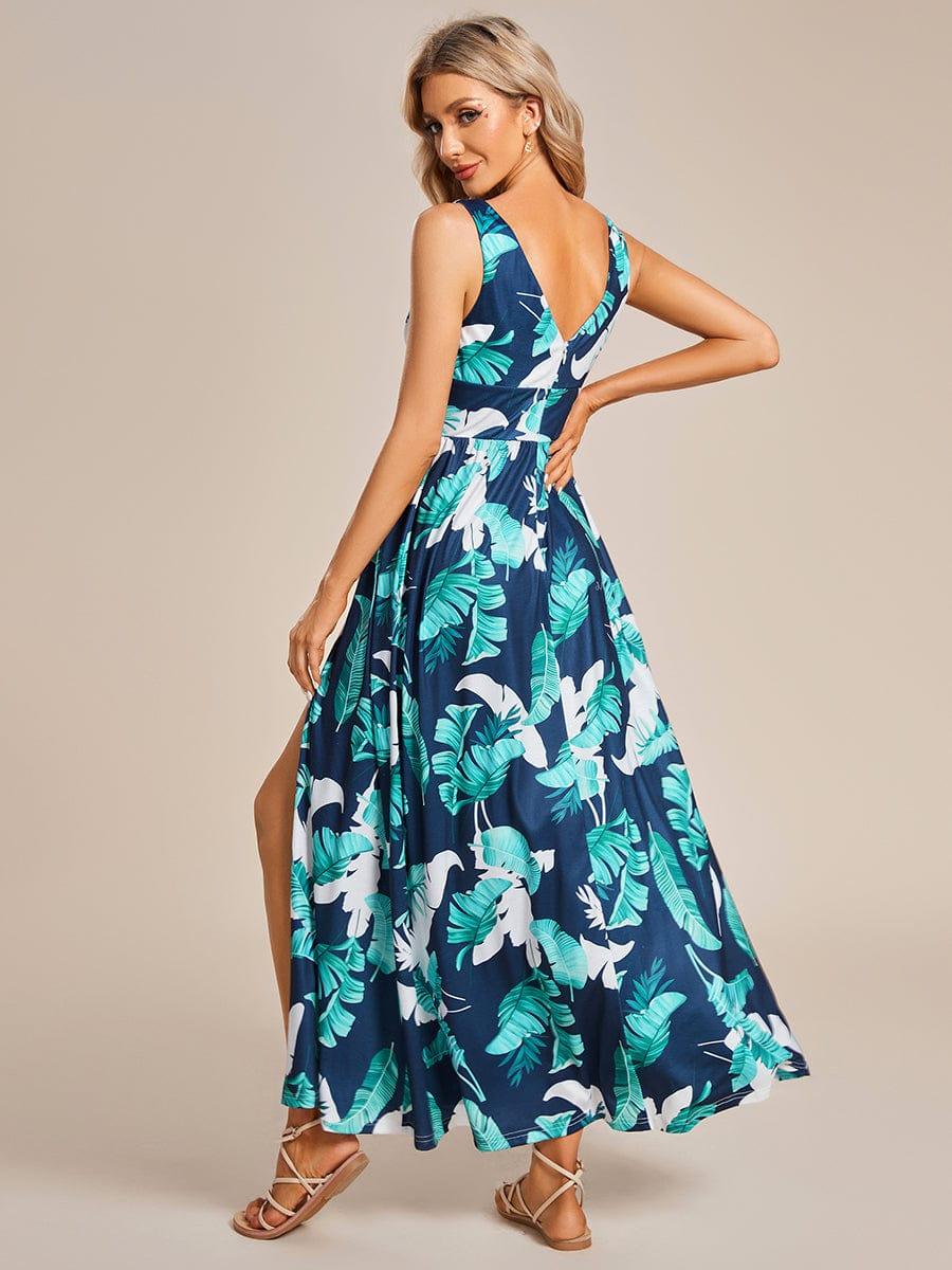 Robe de soirée mi-longue d'été à fleurs sans manches à fente haute #Couleur_Vert Marine Robe de soirée mi-longue d'été à fleurs sans manches à fente haute