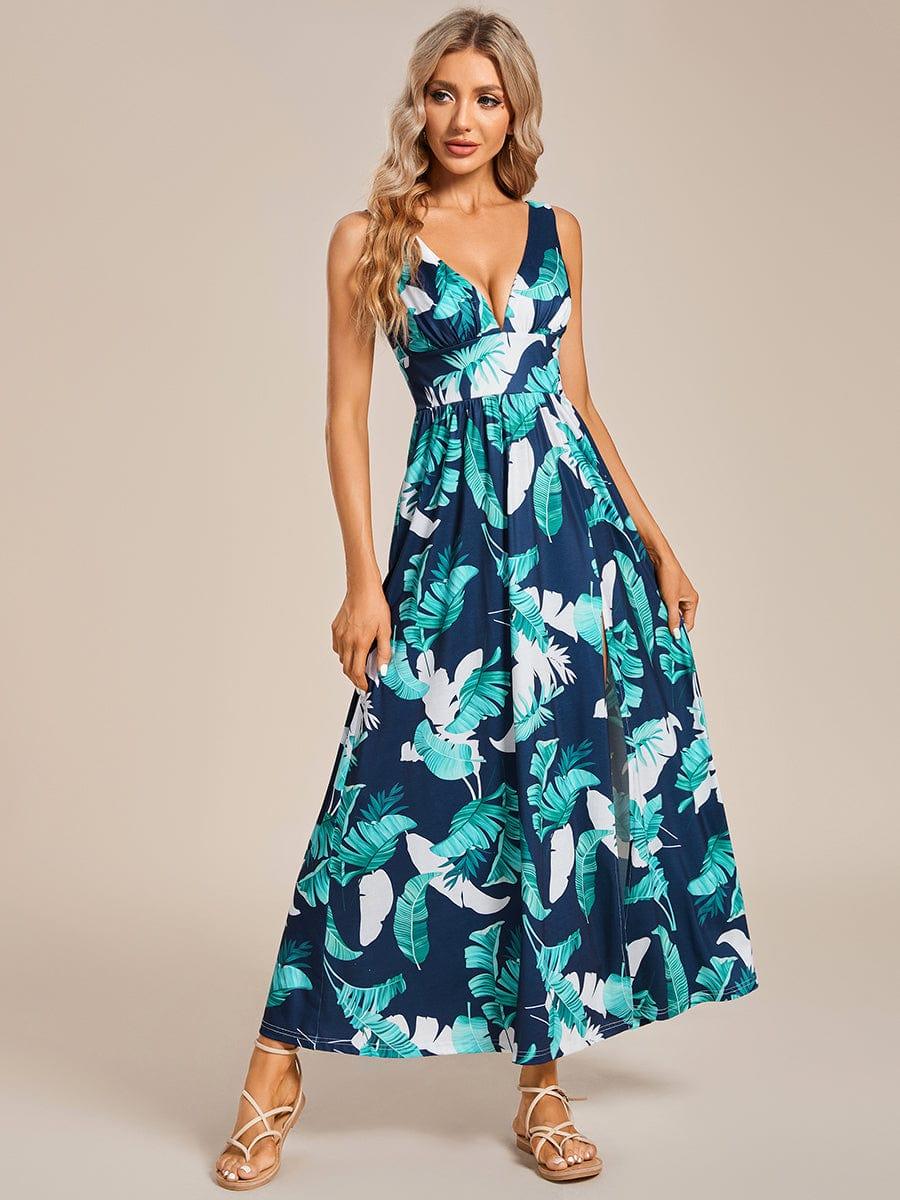 Robe de soirée mi-longue d'été à fleurs sans manches à fente haute #Couleur_Vert Marine Robe de soirée mi-longue d'été à fleurs sans manches à fente haute