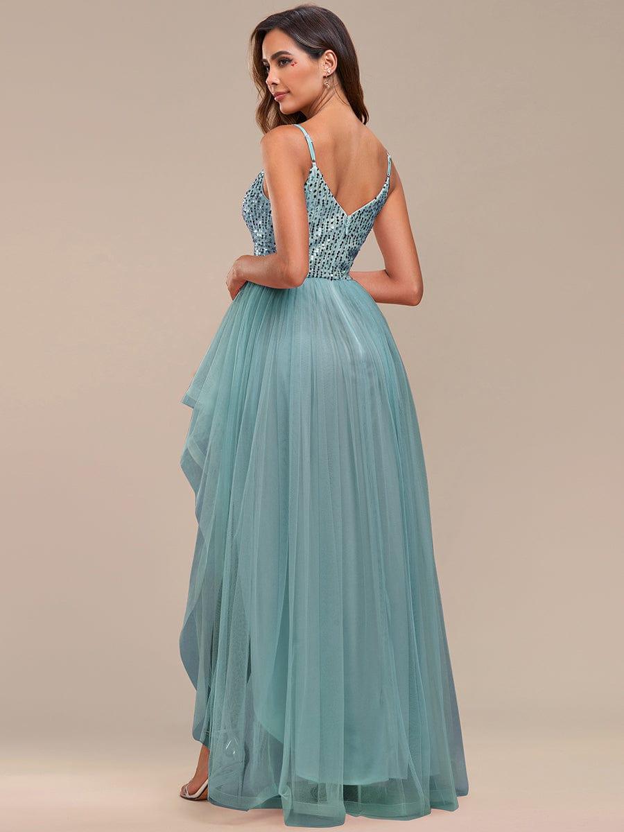 Robe de soirée A-Line en tulle haut-bas à sequins et bretelles fines #Couleur_Bleu Fume Robe de soirée A-Line en tulle haut-bas à sequins et bretelles fines