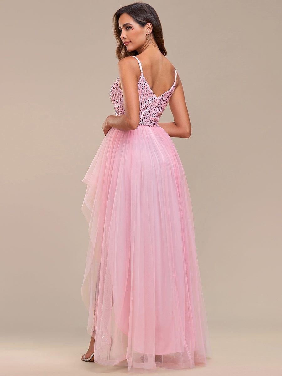 Robe de soirée A-Line en tulle haut-bas à sequins et bretelles fines #Couleur_Bleu Fume Robe de soirée A-Line en tulle haut-bas à sequins et bretelles fines
