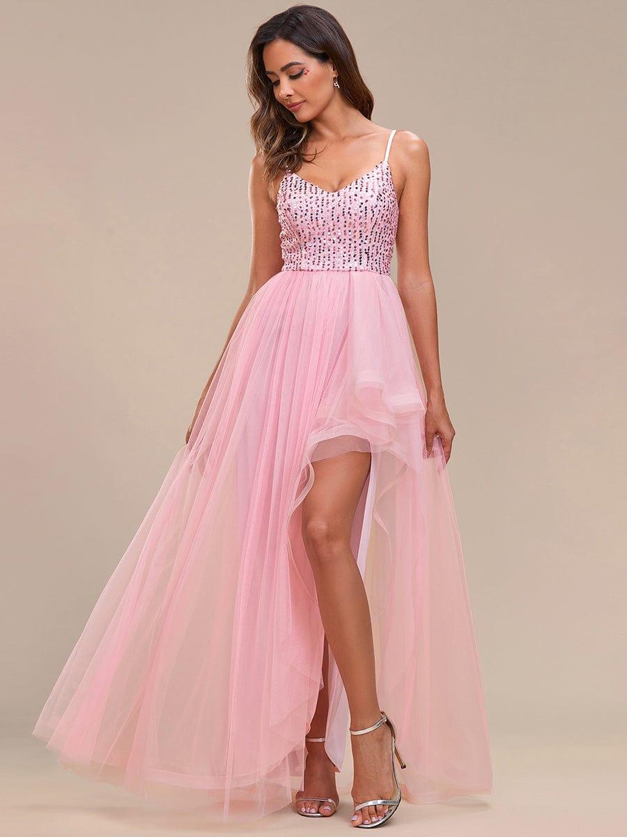 Robe de soirée A-Line en tulle haut-bas à sequins et bretelles fines #Couleur_Bleu Fume Robe de soirée A-Line en tulle haut-bas à sequins et bretelles fines