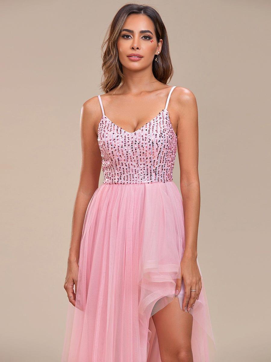 Robe de soirée A-Line en tulle haut-bas à sequins et bretelles fines #Couleur_Bleu Fume Robe de soirée A-Line en tulle haut-bas à sequins et bretelles fines