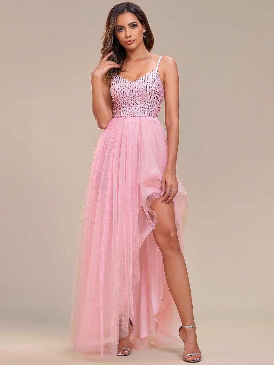 Robe de soirée A-Line en tulle haut-bas à sequins et bretelles fines #Couleur_Bleu Fume Robe de soirée A-Line en tulle haut-bas à sequins et bretelles fines