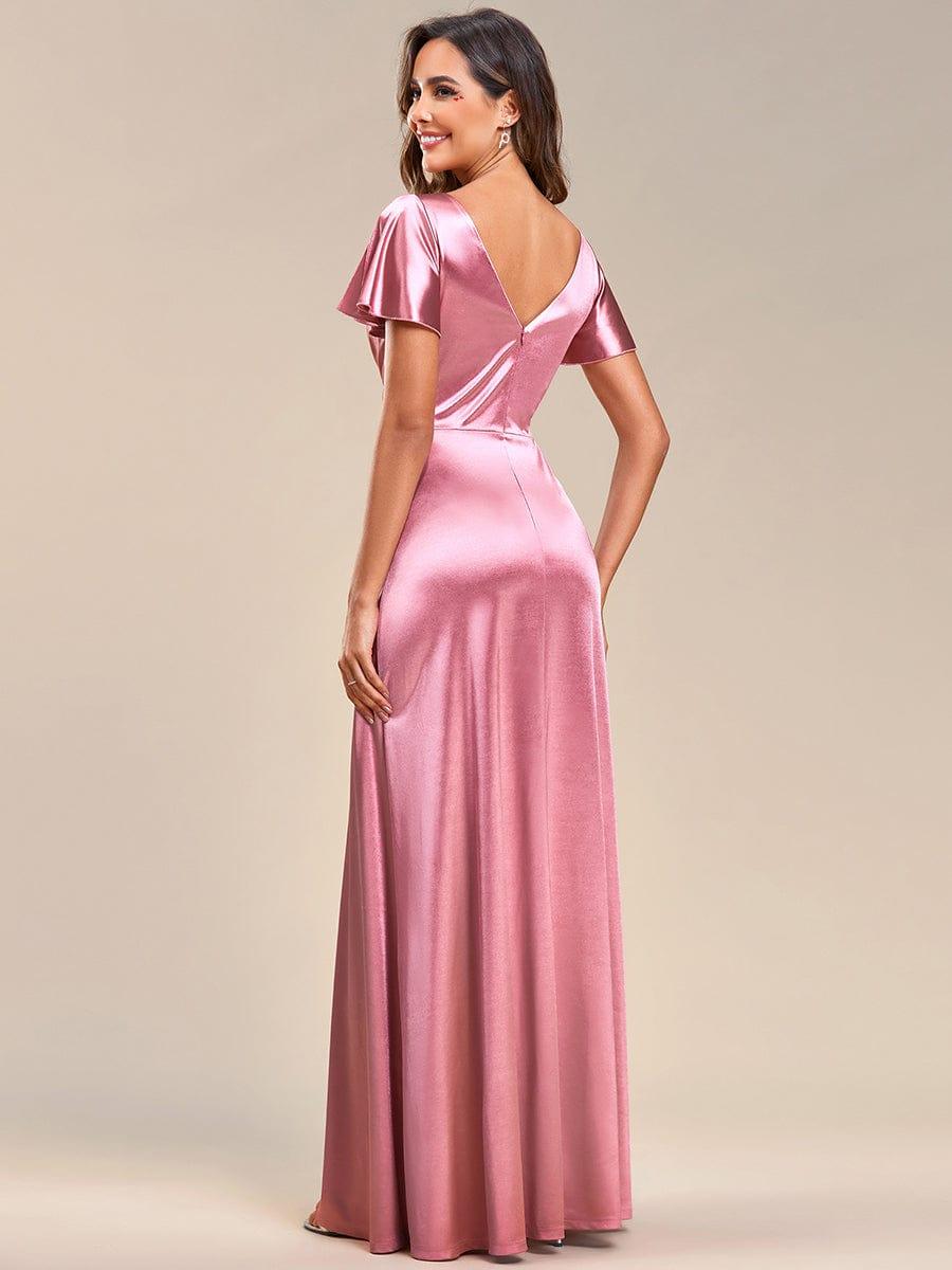 Robe de soirée en satin à manches volantées et col en V #Couleur_Bleu Marine Robe de soirée en satin à manches volantées et col en V