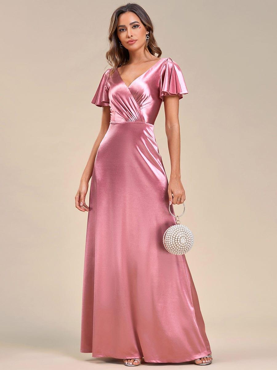 Robe de soirée en satin à manches volantées et col en V #Couleur_Bleu Marine Robe de soirée en satin à manches volantées et col en V