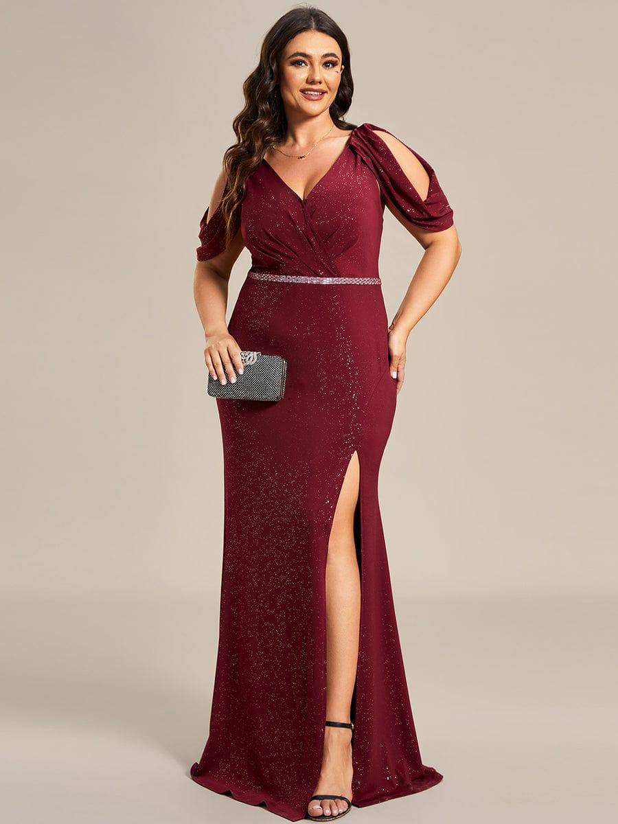 Robe de Soirée Scintillante avec Ceinture Brillante à Epaule Dénudée de Grande Taille #Couleur_Bordeaux