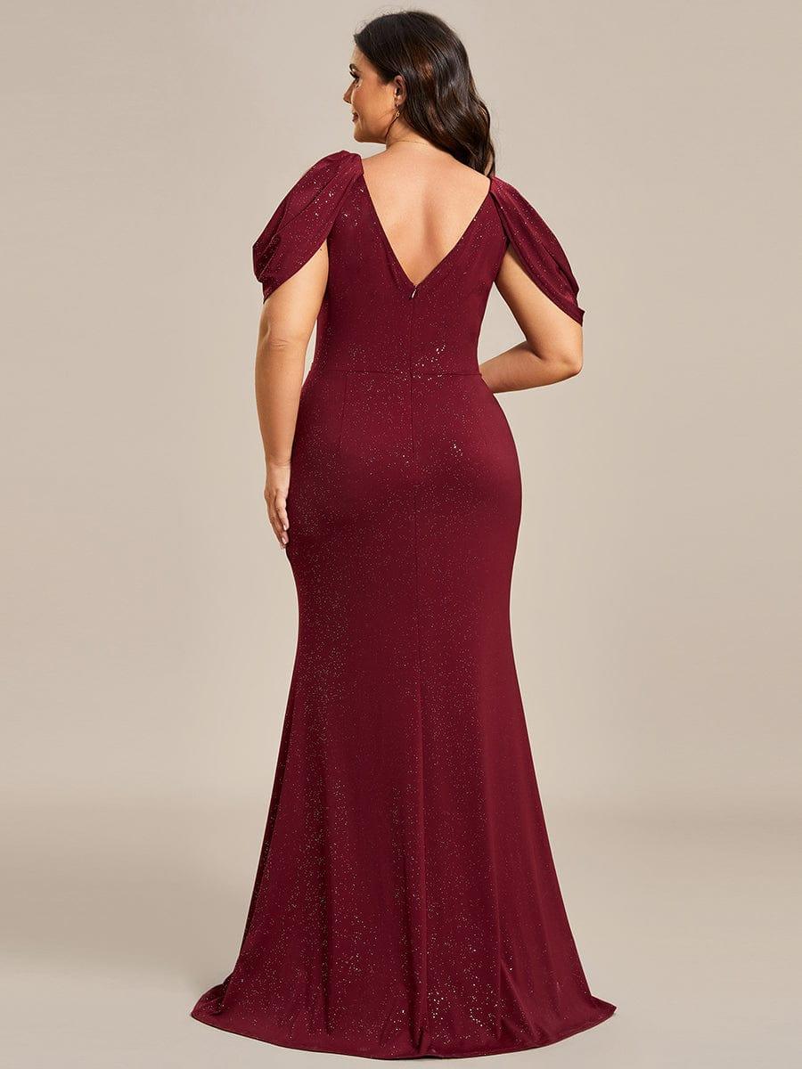 Robe de soirée scintillante avec ceinture brillante Manches bouffantes à épaules dénudées #Couleur_Bordeaux Robe de soirée scintillante avec ceinture brillante Manches bouffantes à épaules dénudées