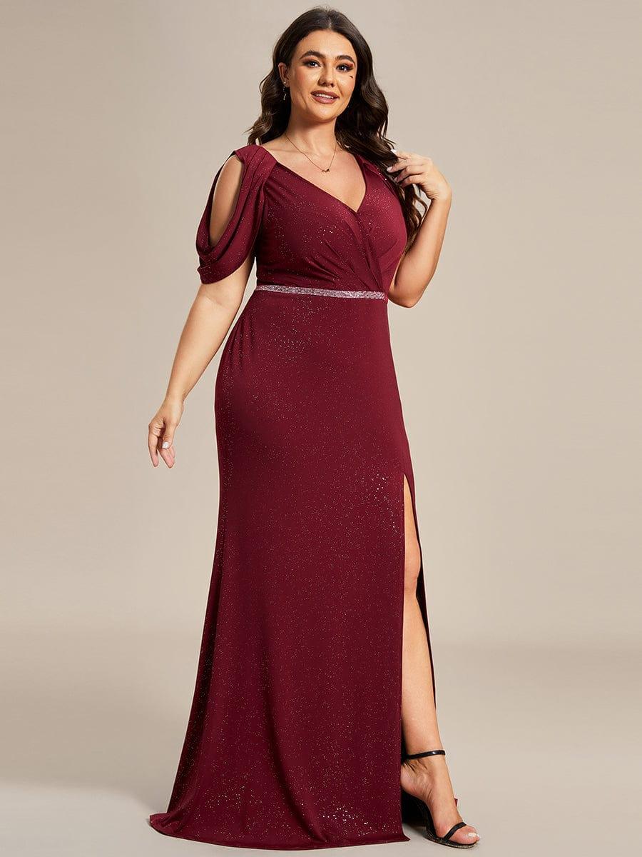 Robe de soirée scintillante avec ceinture brillante Manches bouffantes à épaules dénudées #Couleur_Bordeaux Robe de soirée scintillante avec ceinture brillante Manches bouffantes à épaules dénudées