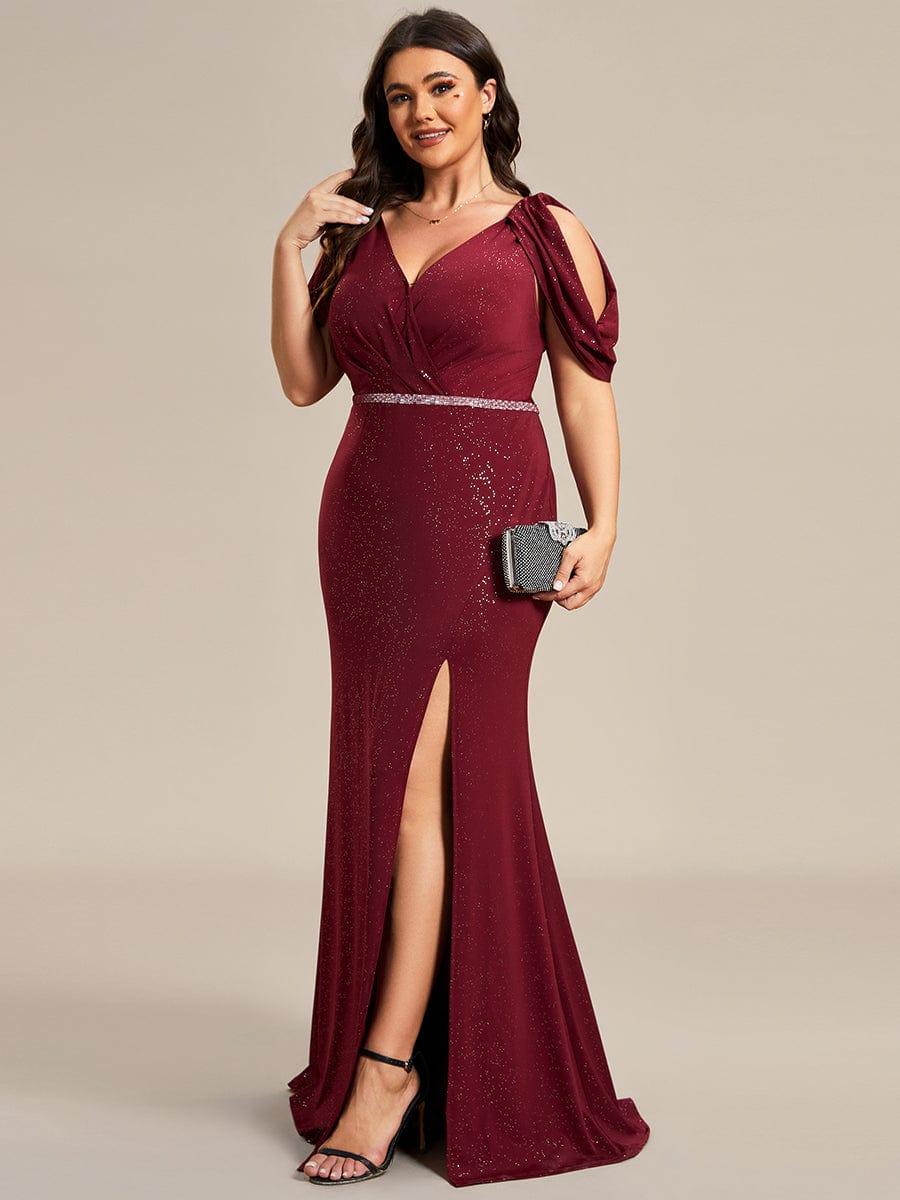 Robe de Soirée Scintillante avec Ceinture Brillante à Epaule Dénudée de Grande Taille #Couleur_Noir Robe de Soirée Scintillante avec Ceinture Brillante à Epaule Dénudée de Grande Taille