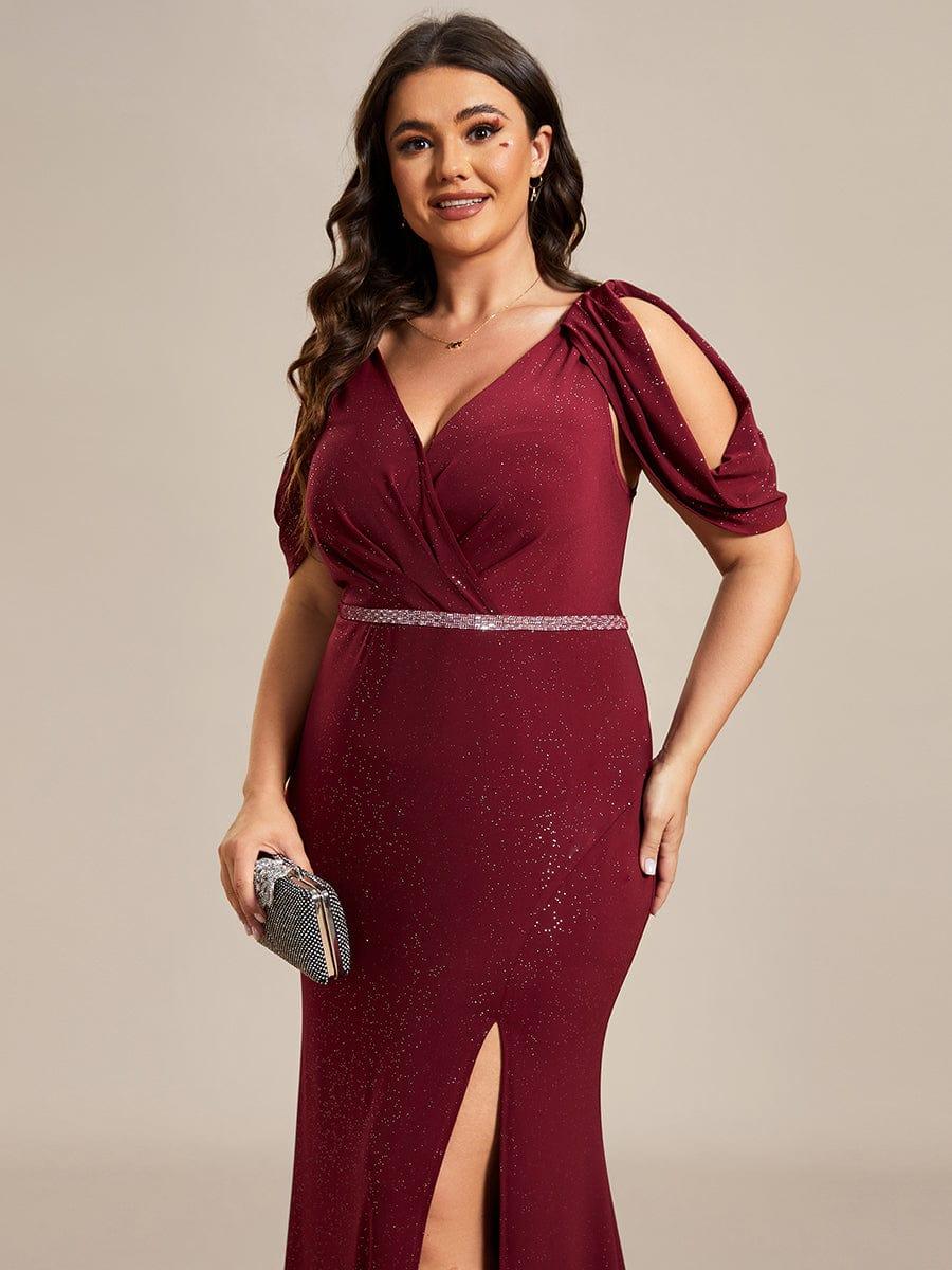 Robe de soirée scintillante avec ceinture brillante Manches bouffantes à épaules dénudées #Couleur_Bordeaux Robe de soirée scintillante avec ceinture brillante Manches bouffantes à épaules dénudées