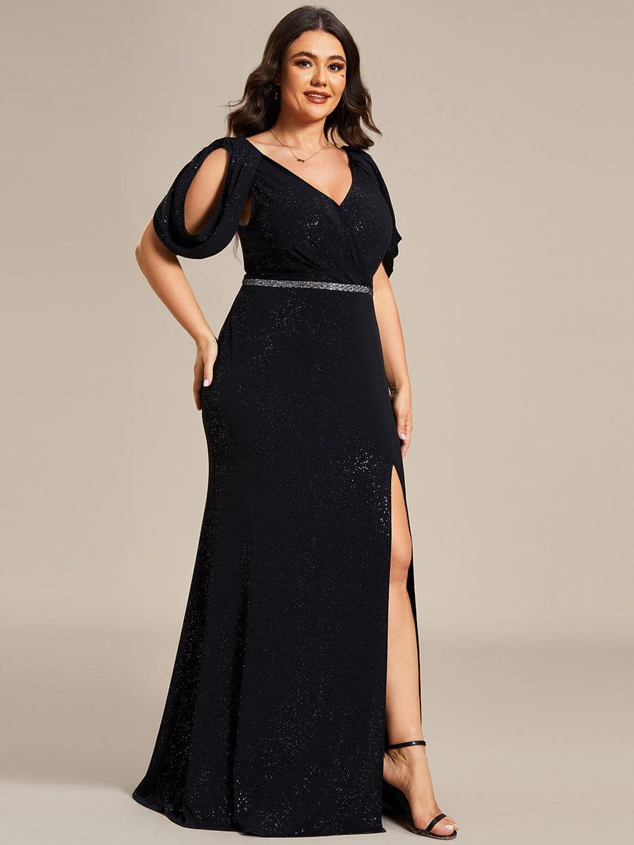 Robe de Soirée Scintillante avec Ceinture Brillante à Epaule Dénudée de Grande Taille #Couleur_Noir Robe de Soirée Scintillante avec Ceinture Brillante à Epaule Dénudée de Grande Taille