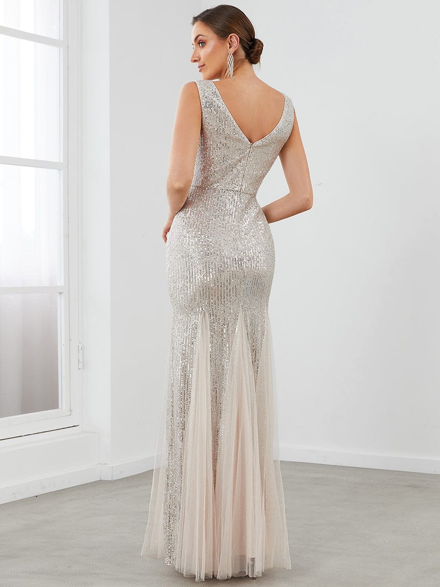 Robe de soirée à sequins à ourlet asymétrique moulante sans manches #Couleur_Noir Robe de soirée à sequins à ourlet asymétrique moulante sans manches