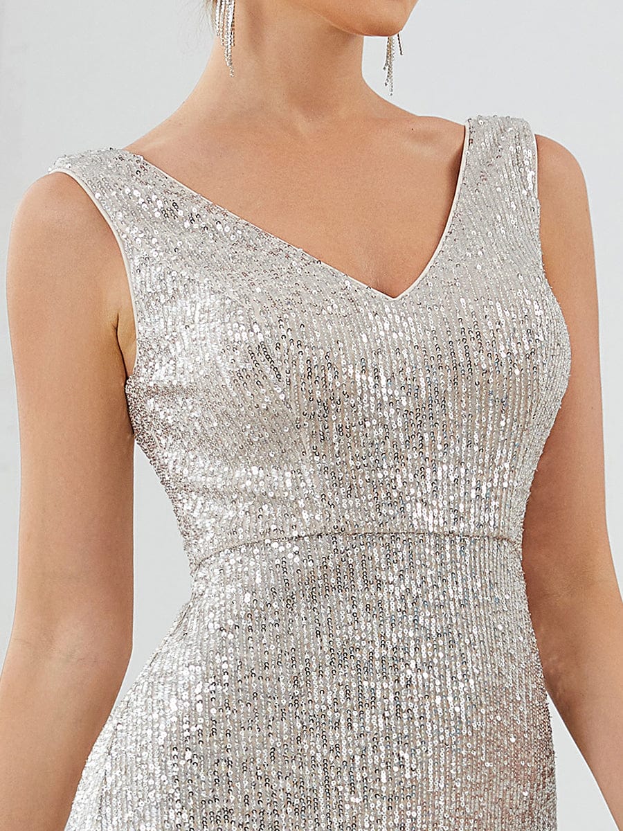 Robe de soirée à sequins à ourlet asymétrique moulante sans manches #Couleur_Noir Robe de soirée à sequins à ourlet asymétrique moulante sans manches