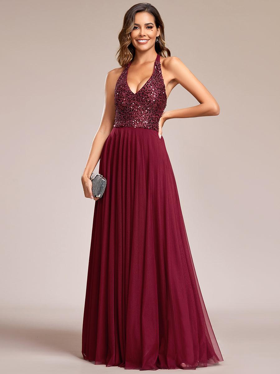 Robe de soirée en tulle à paillettes scintillantes et col licou#Couleur_Bordeaux Robe de soirée en tulle à paillettes scintillantes et col licou