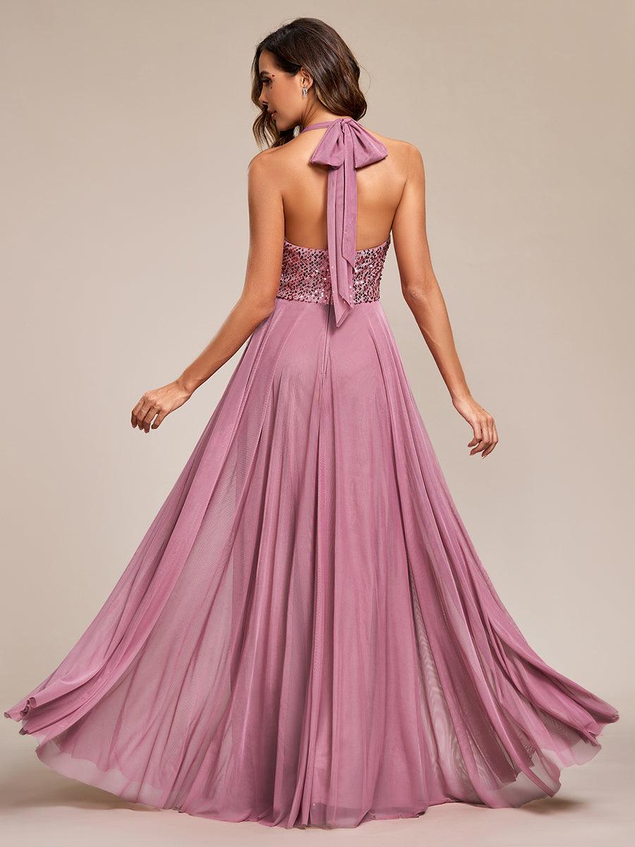 Robe de soirée en tulle à paillettes scintillantes et col licou#Couleur_Bordeaux Robe de soirée en tulle à paillettes scintillantes et col licou