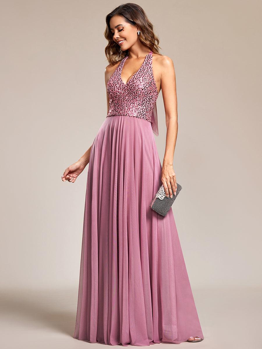 Robe de soirée en tulle à paillettes scintillantes et col licou#Couleur_Bordeaux Robe de soirée en tulle à paillettes scintillantes et col licou