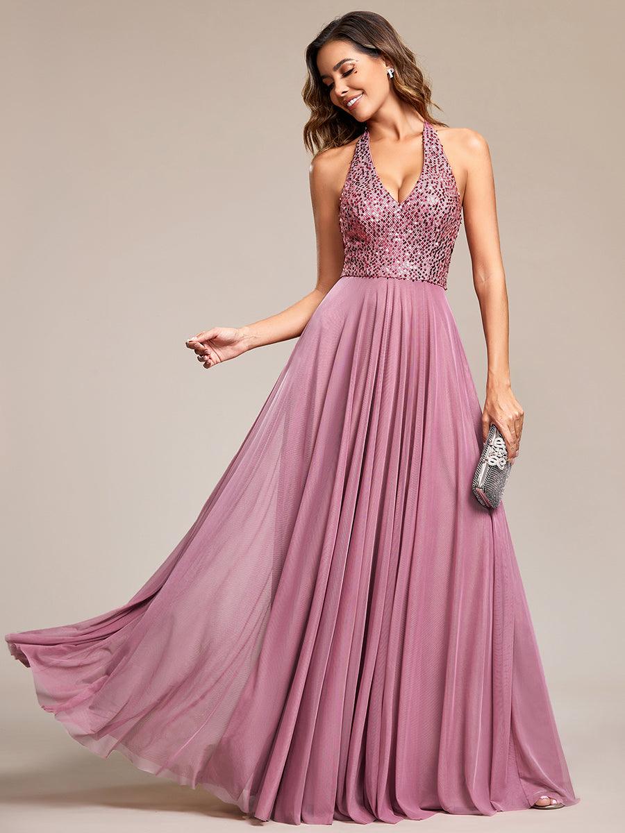 Robe de soirée en tulle à paillettes scintillantes et col licou#Couleur_Bordeaux Robe de soirée en tulle à paillettes scintillantes et col licou