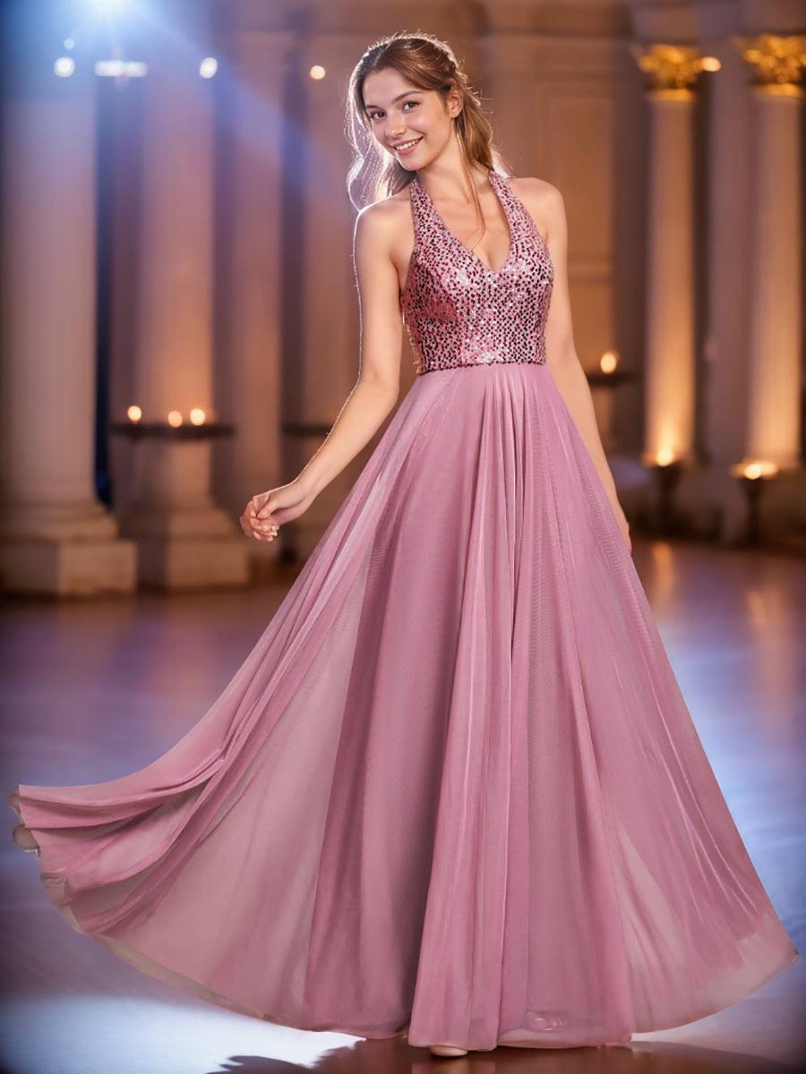 Robe de soirée en tulle à paillettes scintillantes et col licou#Couleur_Bordeaux Robe de soirée en tulle à paillettes scintillantes et col licou
