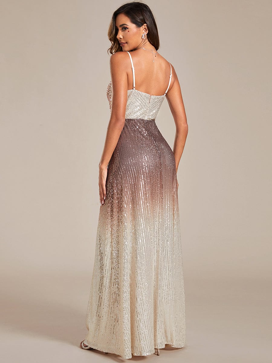 Robe de soirée à encolure en V Bretelles fines à sequins dégradés #Couleur_Kaki Robe de soirée à encolure en V Bretelles fines à sequins dégradés