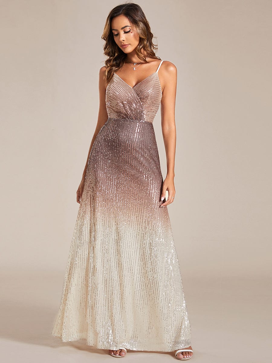 Robe de soirée à encolure en V Bretelles fines à sequins dégradés #Couleur_Kaki Robe de soirée à encolure en V Bretelles fines à sequins dégradés
