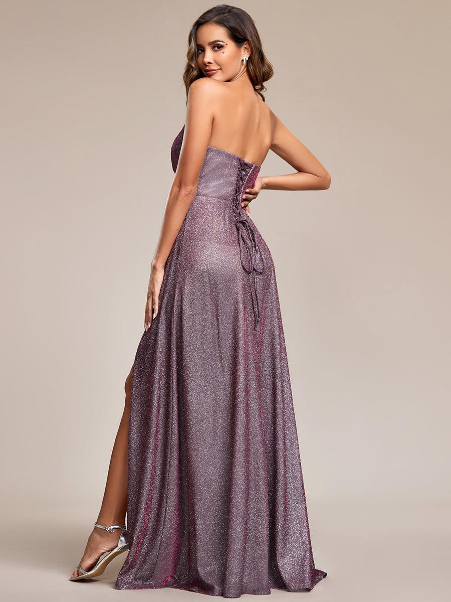 Robe de soirée trapèze scintillante sans bretelles plissée dans le dos avec fente haute#Couleur_Opale Lilas Robe de soirée trapèze scintillante sans bretelles plissée dans le dos avec fente haute