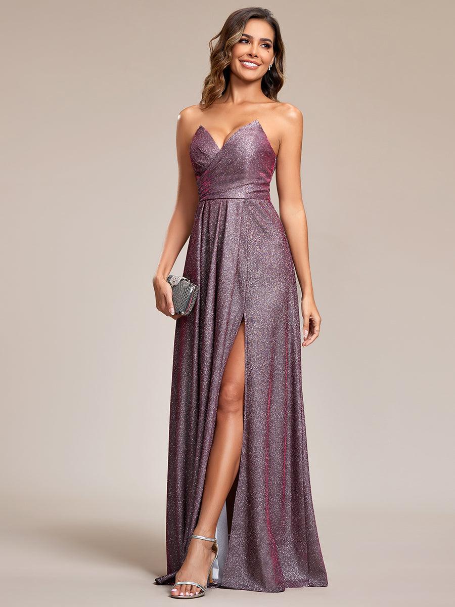 Robe de soirée trapèze scintillante sans bretelles plissée dans le dos avec fente haute#Couleur_Opale Lilas Robe de soirée trapèze scintillante sans bretelles plissée dans le dos avec fente haute