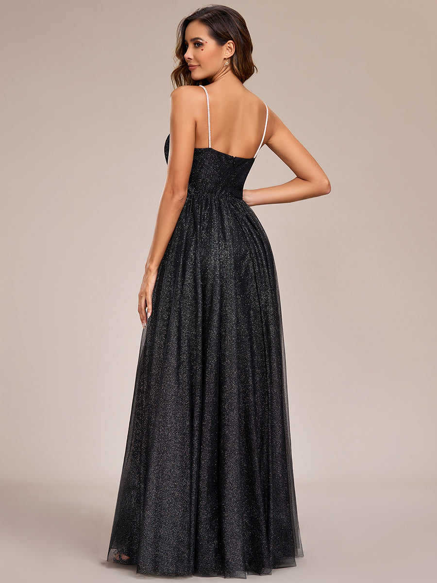 Robe de soirée scintillante sans manches bretelles spaghetti col en V dos ouvert #Couleur_Noir Robe de soirée scintillante sans manches bretelles spaghetti col en V dos ouvert