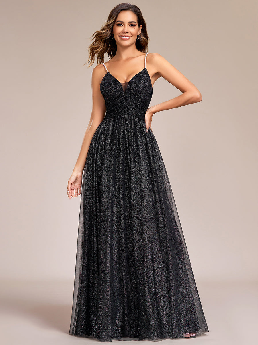 Robe de soirée scintillante sans manches bretelles spaghetti col en V dos ouvert #Couleur_Noir Robe de soirée scintillante sans manches bretelles spaghetti col en V dos ouvert