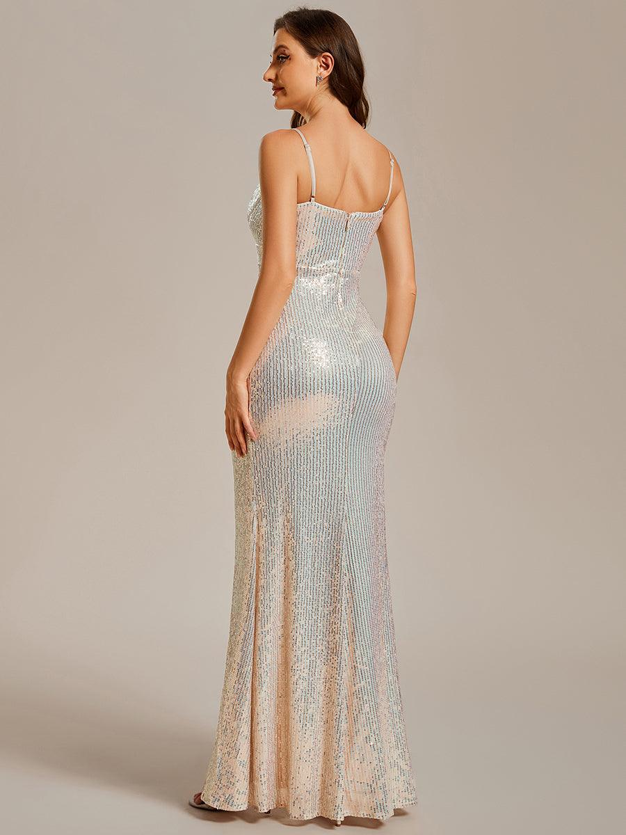Robe de soirée à sequins et bretelles spaghetti réglables plissées à col en V profond#Couleur_Charbon Robe de soirée à sequins et bretelles spaghetti réglables plissées à col en V profond