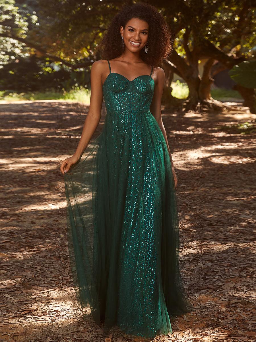 Robe de soirée trapèze à paillettes bretelles spaghetti sans manches avec couverture en tulle #Couleur_Vert Fonce Robe de soirée trapèze à paillettes bretelles spaghetti sans manches avec couverture en tulle