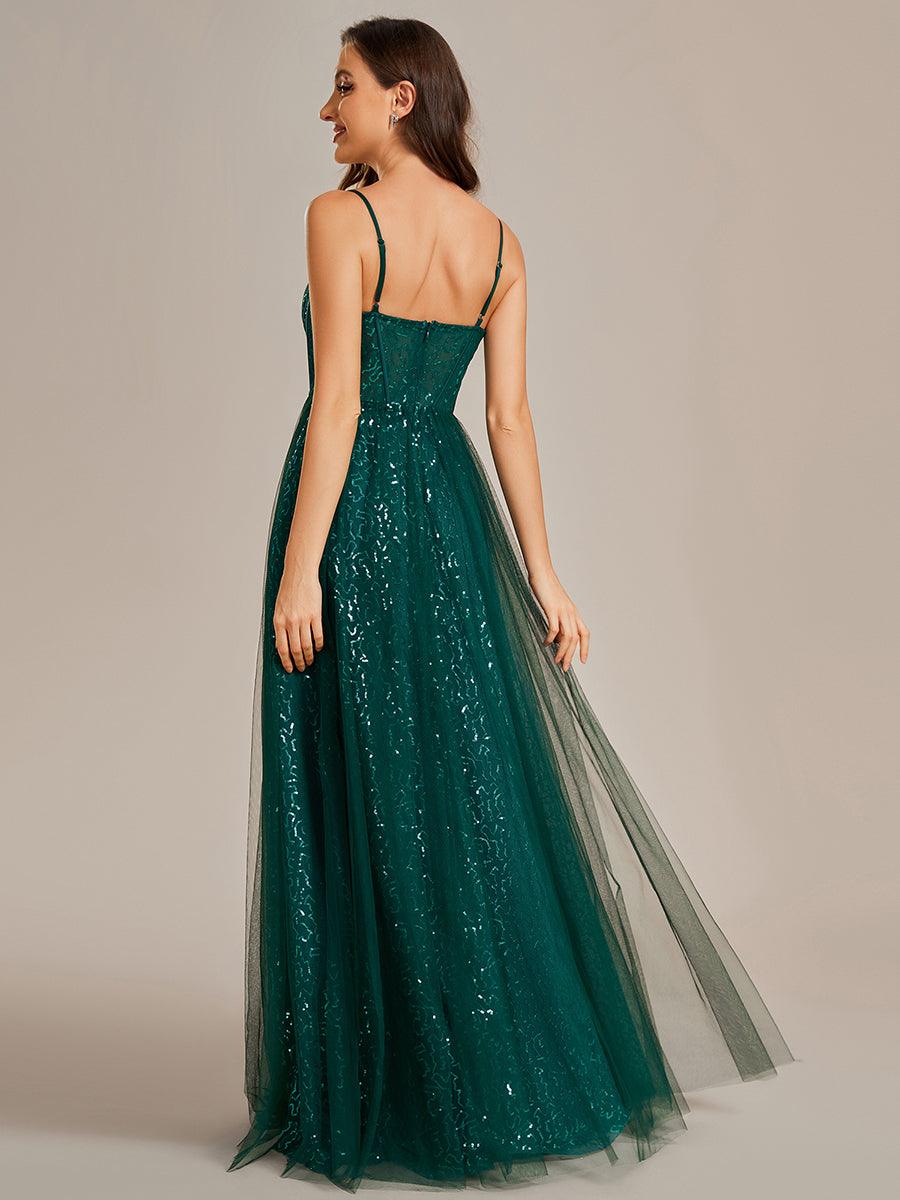 Robe de soirée trapèze à paillettes bretelles spaghetti sans manches avec couverture en tulle #Couleur_Vert Fonce Robe de soirée trapèze à paillettes bretelles spaghetti sans manches avec couverture en tulle