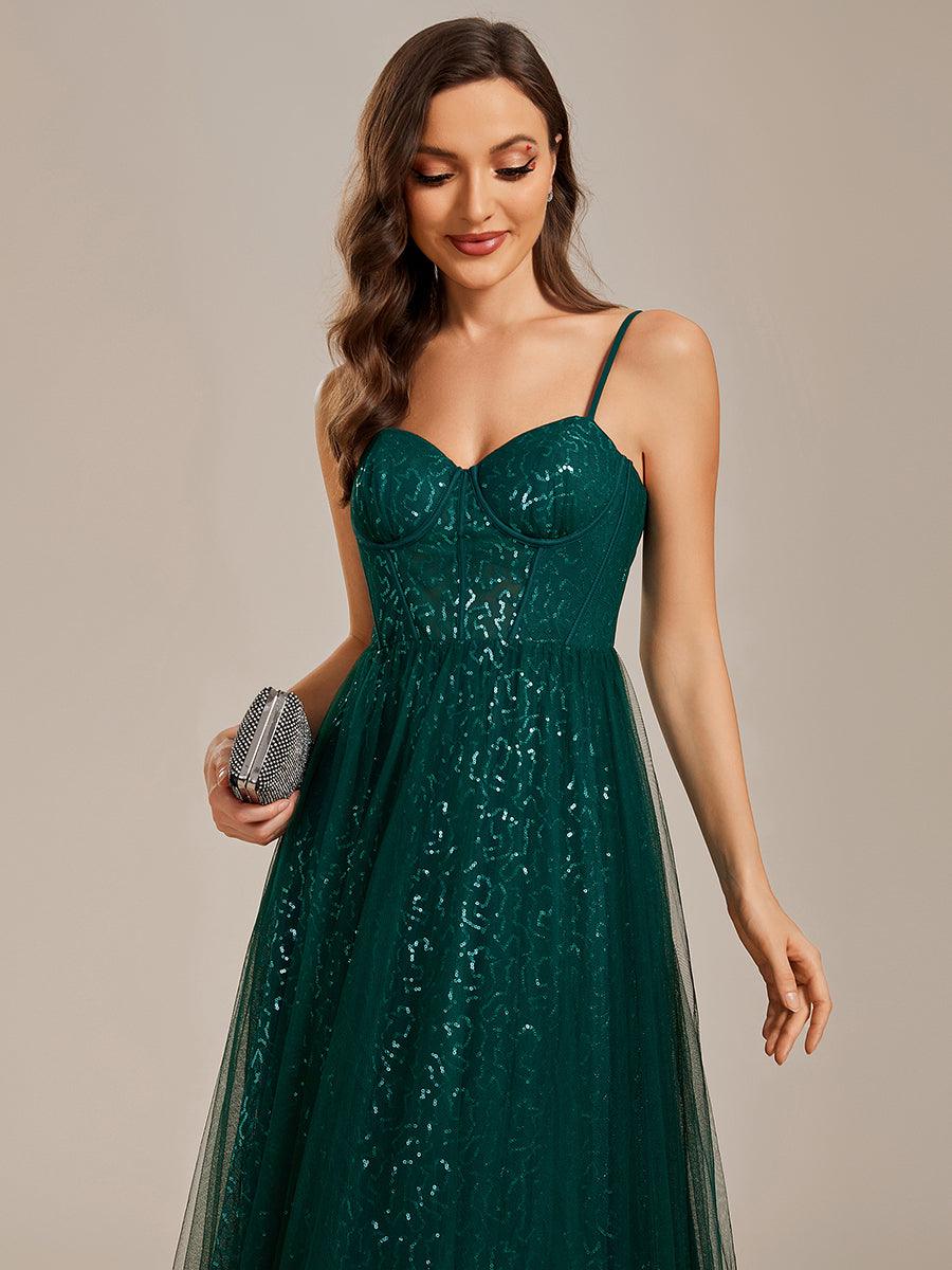 Robe de soirée trapèze à paillettes bretelles spaghetti sans manches avec couverture en tulle #Couleur_Vert Fonce Robe de soirée trapèze à paillettes bretelles spaghetti sans manches avec couverture en tulle