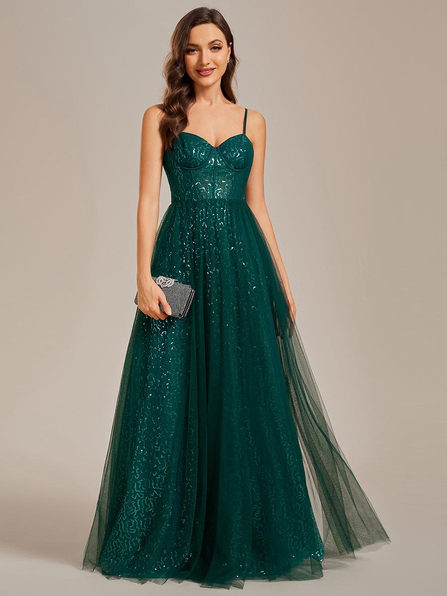 Robe de soirée trapèze à paillettes bretelles spaghetti sans manches avec couverture en tulle #Couleur_Vert Fonce Robe de soirée trapèze à paillettes bretelles spaghetti sans manches avec couverture en tulle