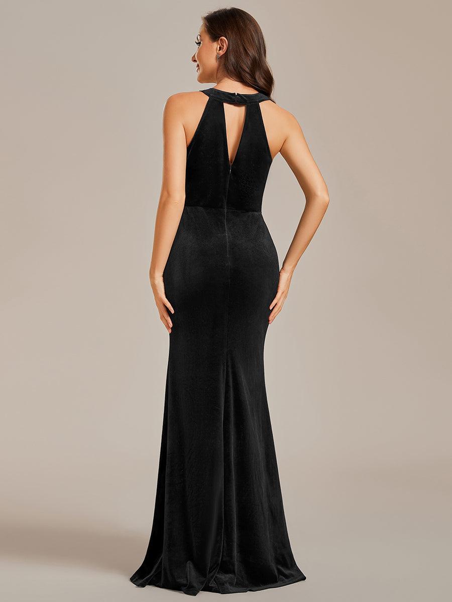 Robe de soirée en velours à fente haute ceinture brillante bodycon sans manches licol#Couleur_Bleu Marine Robe de soirée en velours à fente haute ceinture brillante bodycon sans manches licol