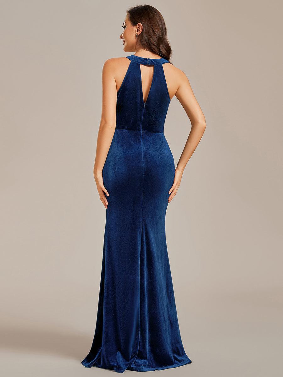Robe de soirée en velours à fente haute ceinture brillante bodycon sans manches licol#Couleur_Bleu Marine Robe de soirée en velours à fente haute ceinture brillante bodycon sans manches licol