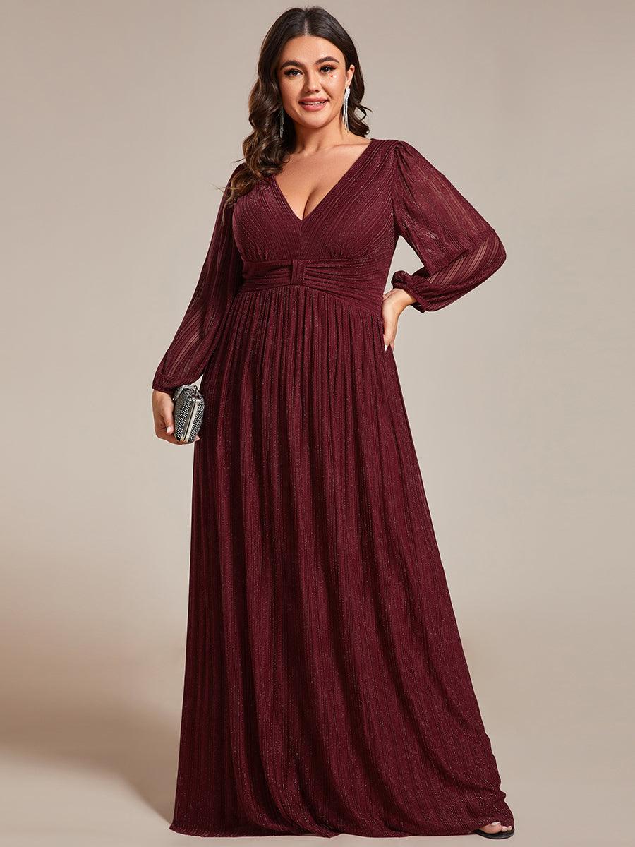 Robe de soirée trapèze à manches longues et taille empire scintillante #Couleur_Bordeaux