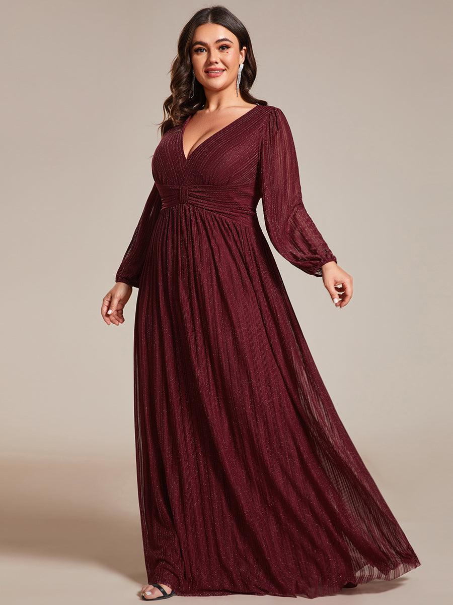 Robe de soirée trapèze à manches longues et taille empire scintillante #Couleur_Bordeaux