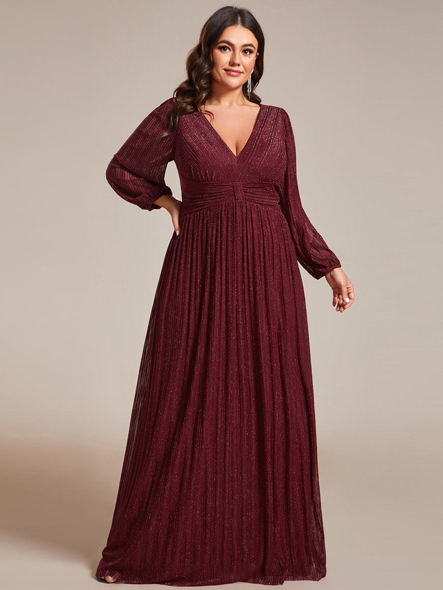 Robe de soirée trapèze à manches longues et taille empire scintillante #Couleur_Bordeaux