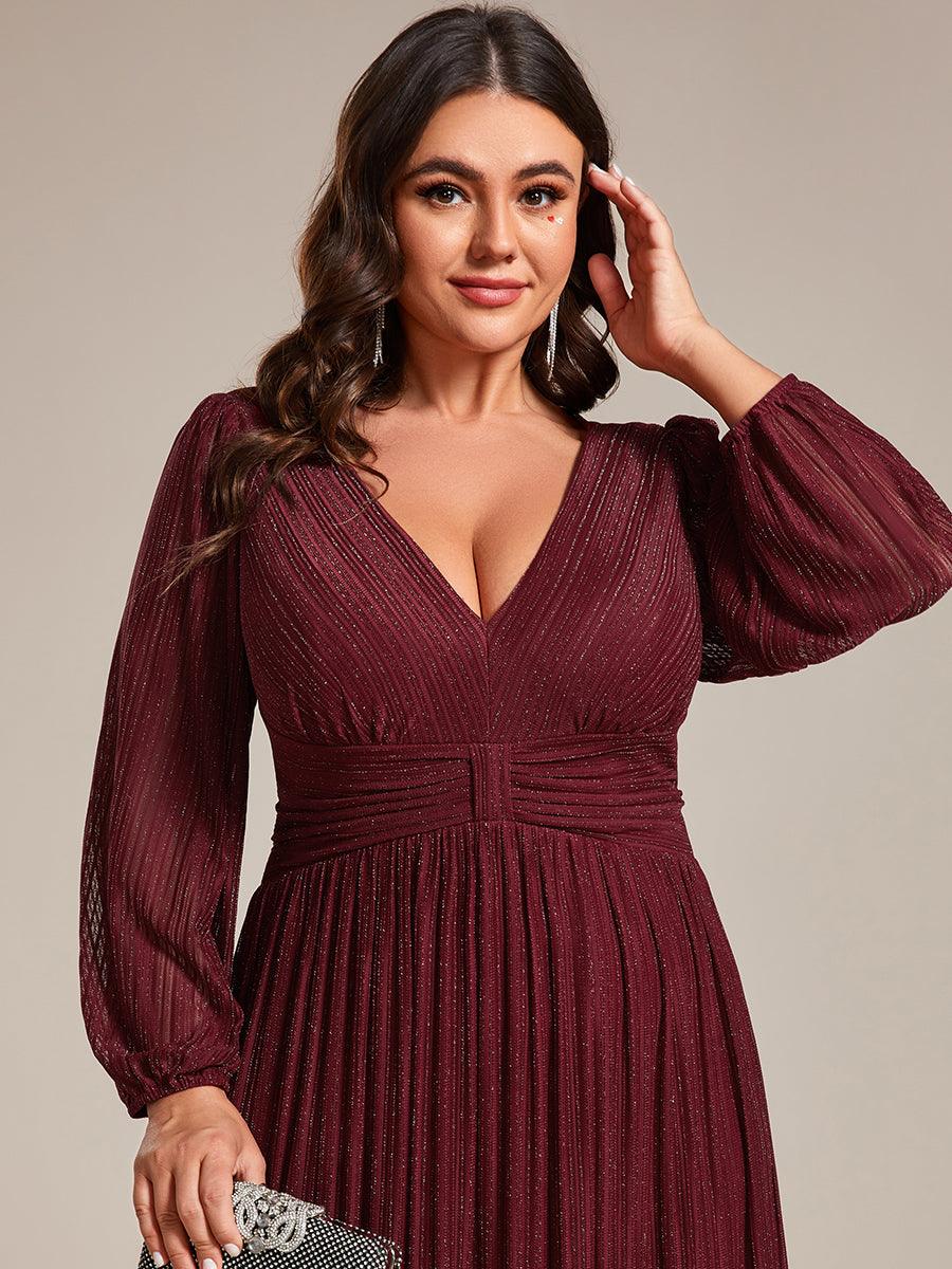 Robe de soirée trapèze à manches longues et taille empire scintillante #Couleur_Bordeaux