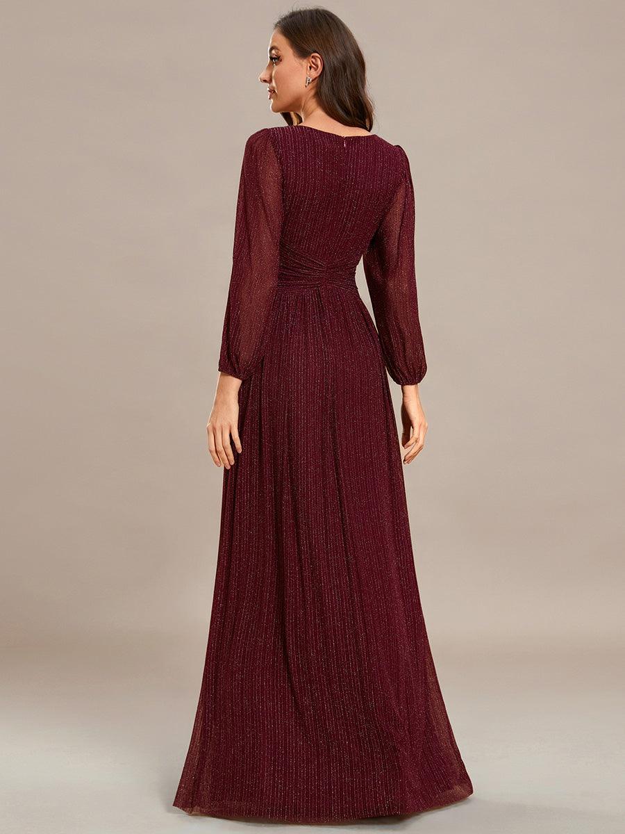 Robe de soirée trapèze à manches longues et taille empire scintillante #Couleur_Bordeaux