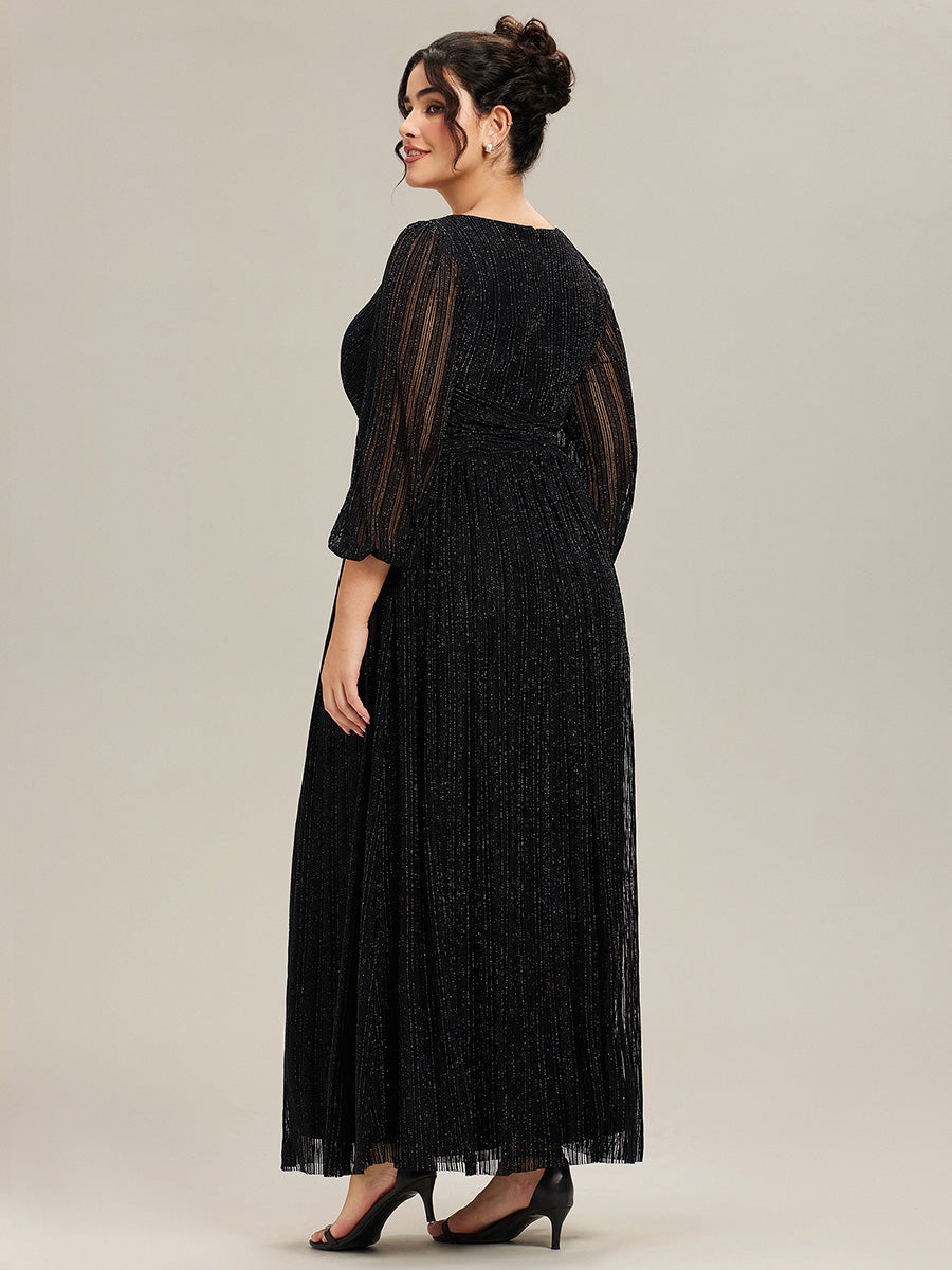 Robe de soirée trapèze à manches longues et taille empire scintillante #Couleur_Noir