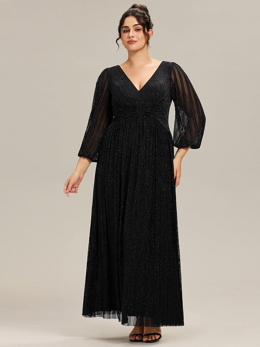 Robe de soirée trapèze à manches longues et taille empire scintillante #Couleur_Noir
