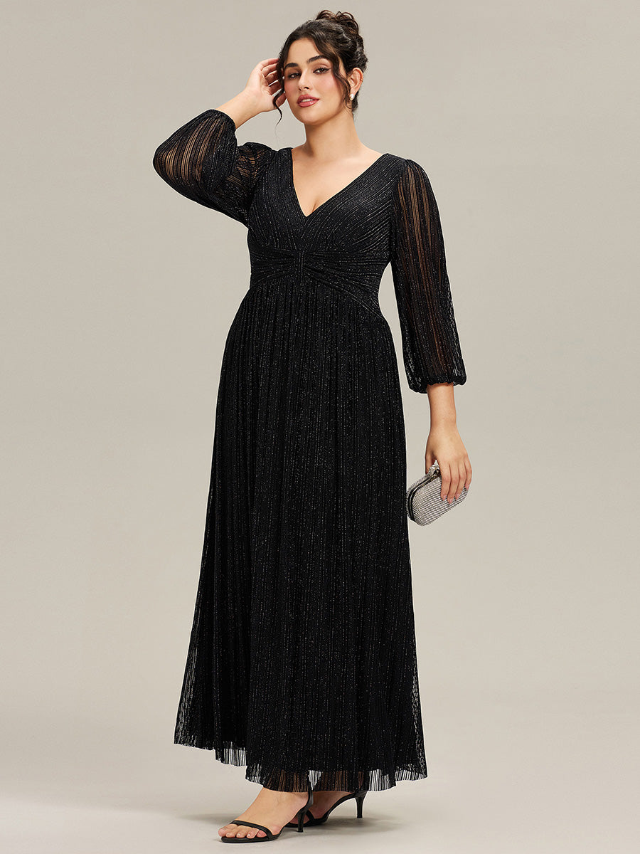Robe de soirée trapèze à manches longues et taille empire scintillante #Couleur_Noir