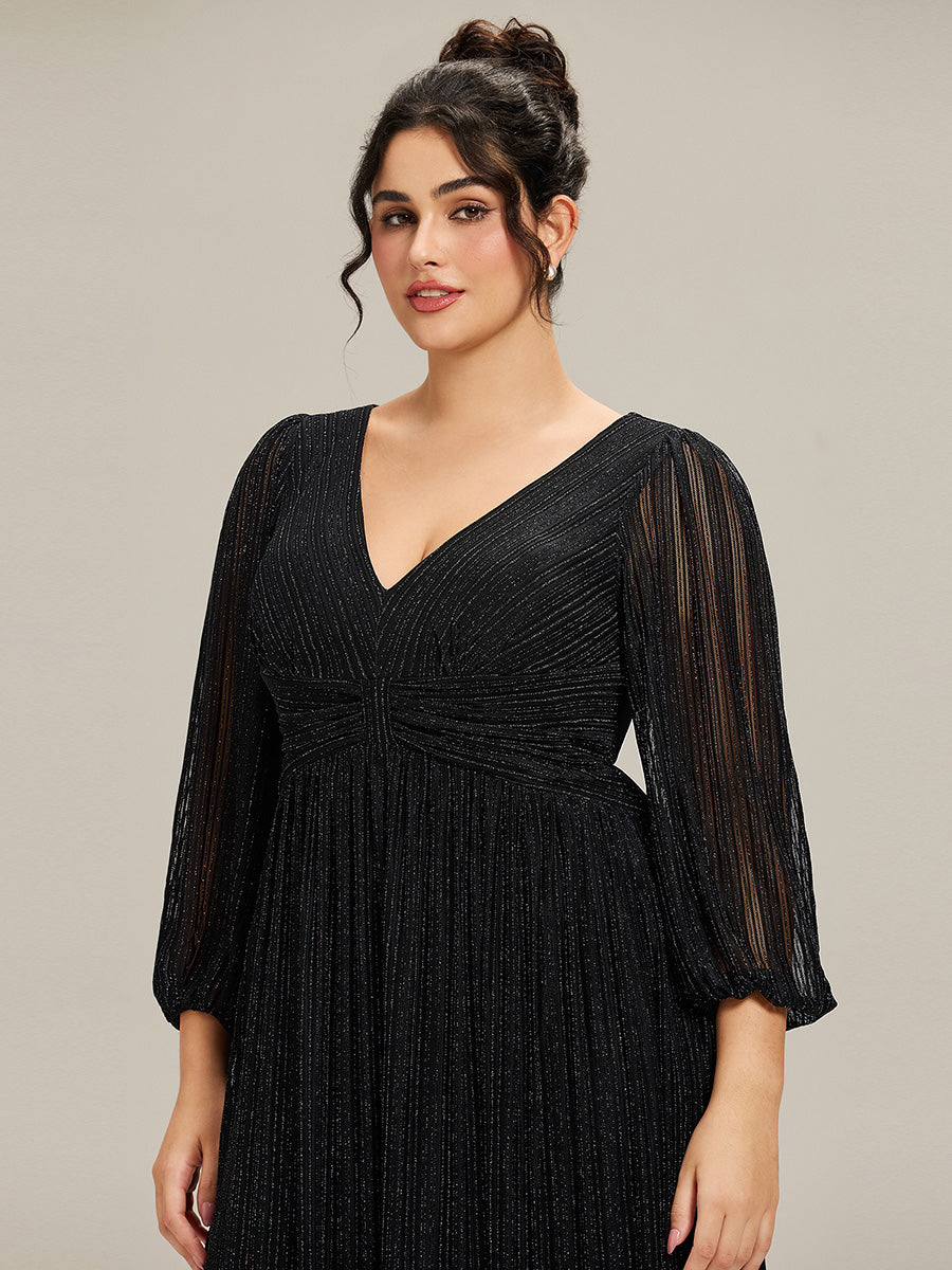 Robe de soirée trapèze à manches longues et taille empire scintillante #Couleur_Noir