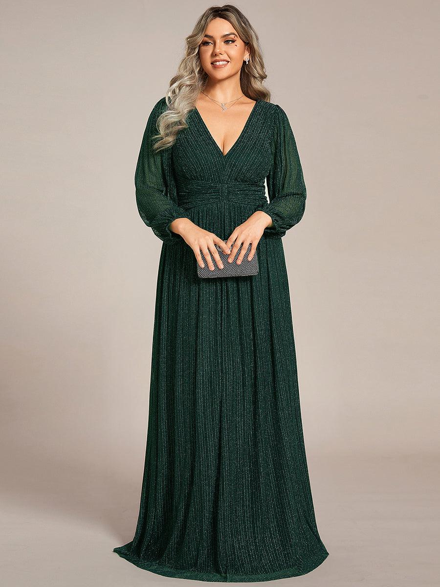 Robe de soirée trapèze à manches longues et taille empire scintillante #Couleur_Vert Fonce