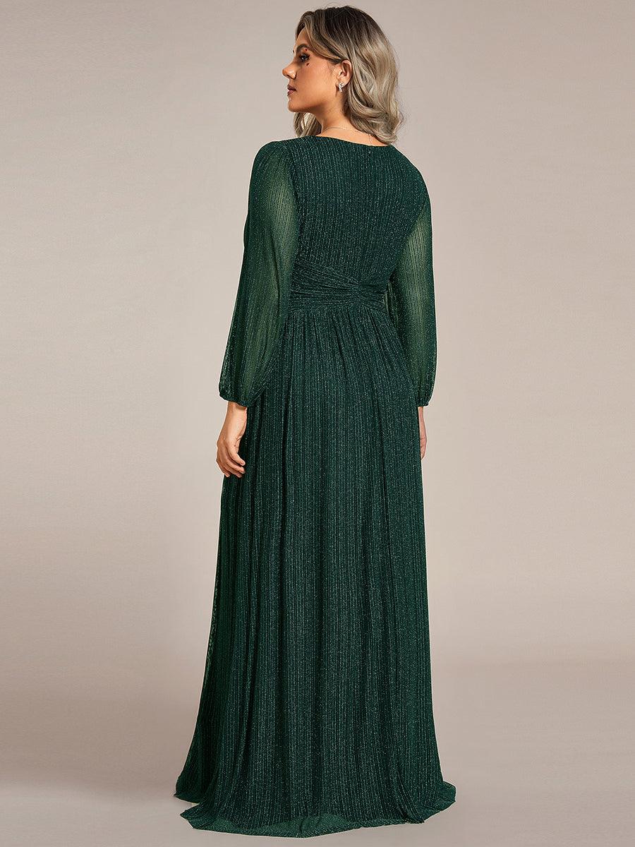Robe de soirée trapèze à manches longues et taille empire scintillante #Couleur_Vert Fonce