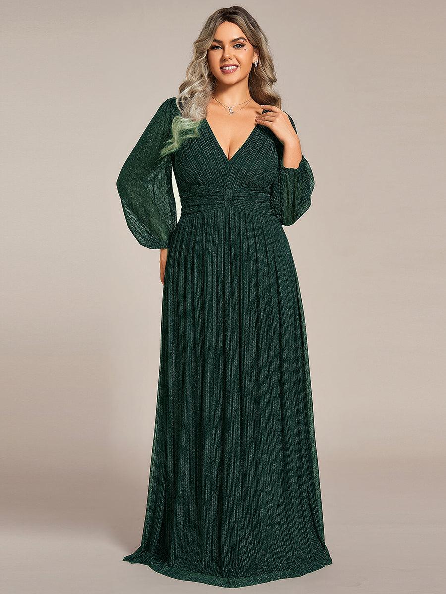 Robe de soirée trapèze à manches longues et taille empire scintillante #Couleur_Vert Fonce