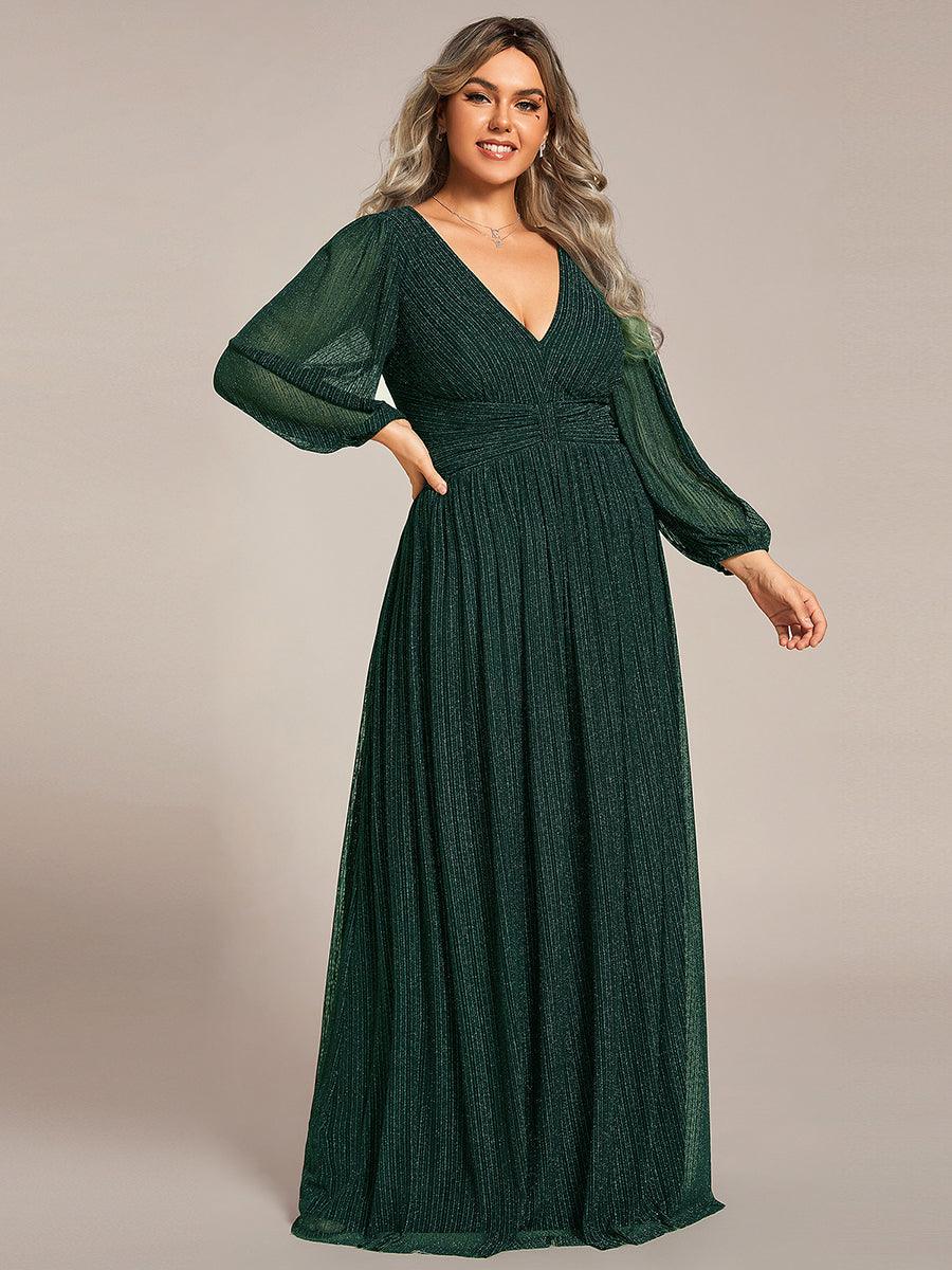 Robe de soirée trapèze à manches longues et taille empire scintillante #Couleur_Vert Fonce